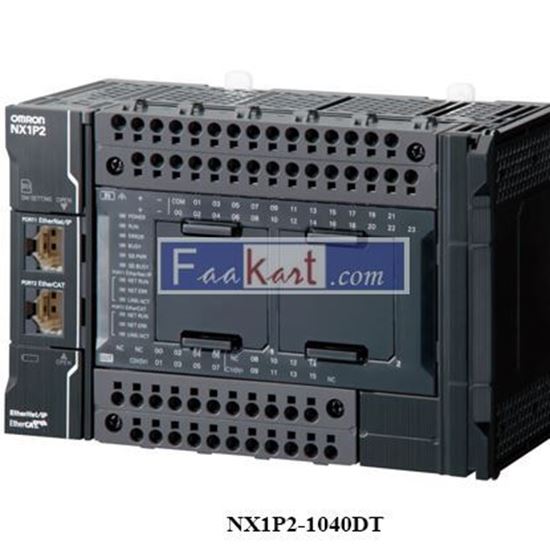 Picture of NX1P2-1040DT Sysmac NX1P CPU with 40 Digital Transistor I/O (NPN), 1.5 MB memory, EtherCAT (2 servo axes, 4 PTP axes, 16 EtherCAT nodes), EtherNet/IP and 2 serial option ports